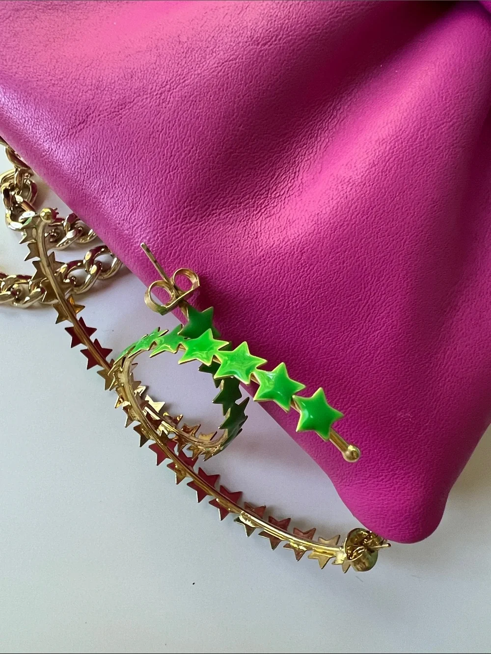 Sheila Fajl 2 inch Gold Hoop Earrings with Green Star Accents